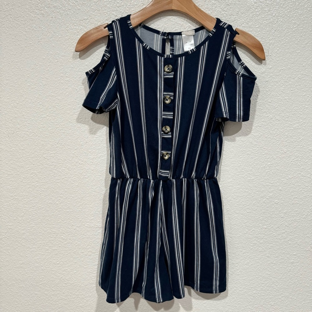 Kids Love Maddie Girls Blue White Striped Cold Shoulder Romper Dress L 10/12